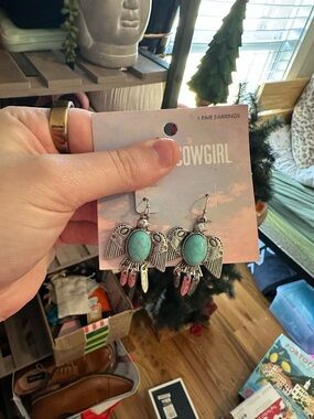 Turquoise Stone Feather Drop Earrings - Silver Tone